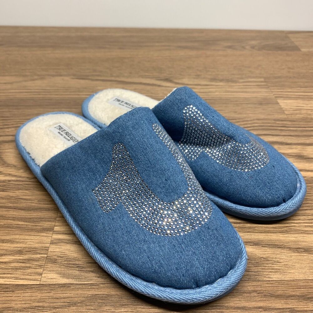 True Religion Slippers Slides Shoe Furry Blue Silver Sparkle Medium 6.5 -‎ 7.5